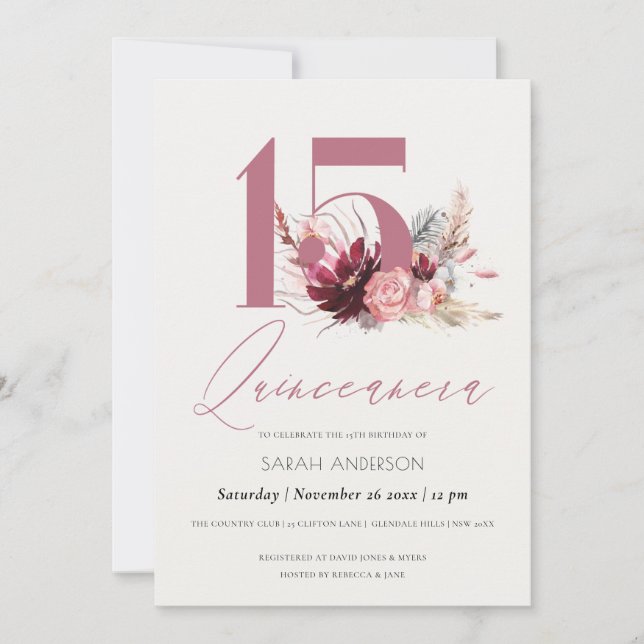 Carte De Remerciements Pampas rose Herbe Quinceanera 15e anniversaire Inv (Devant)