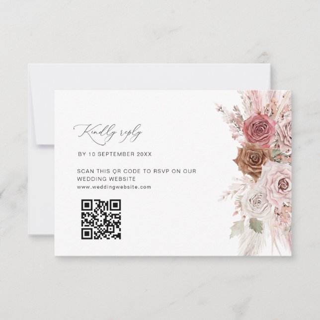Carte De Remerciements pampas rose poussiéreux mariage floral QR code RSV (Devant)