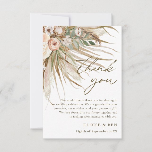 Carte De Remerciements Pampas séchée Terre Grass Floral Mariage nuptiale (Devant)