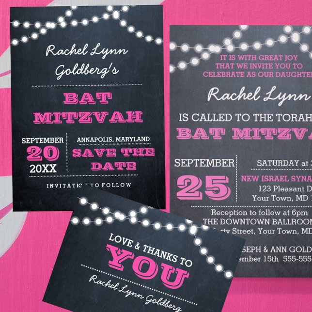 Carte De Remerciements Panneaux de tableau lumineux Bat mitzvah rose fonc (Créateur téléchargé)