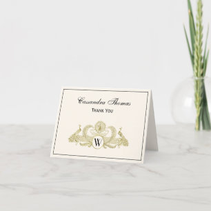 Carte De Remerciements Paons Vintage Monogramme Ivoire BG Faux Or