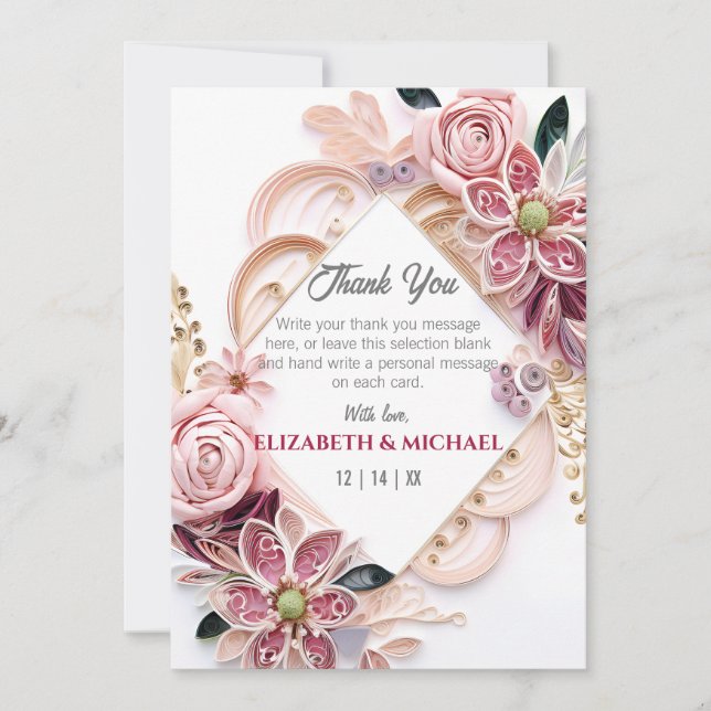 Carte De Remerciements Papier Mariage Pastel Rose Floral Quilling (Devant)