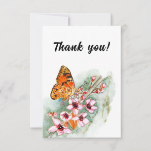 Carte De Remerciements Papillon aquarelle et fleurs roses. Floral fille