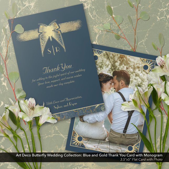 Carte De Remerciements Papillon Art déco Monogramme Photo Blue Gold Flat (Art Deco Butterfly Blue and Gold Thank You Card with Monogram and Photo.)