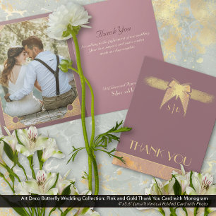 Carte De Remerciements Papillon Art déco Monogramme Photo Or rose