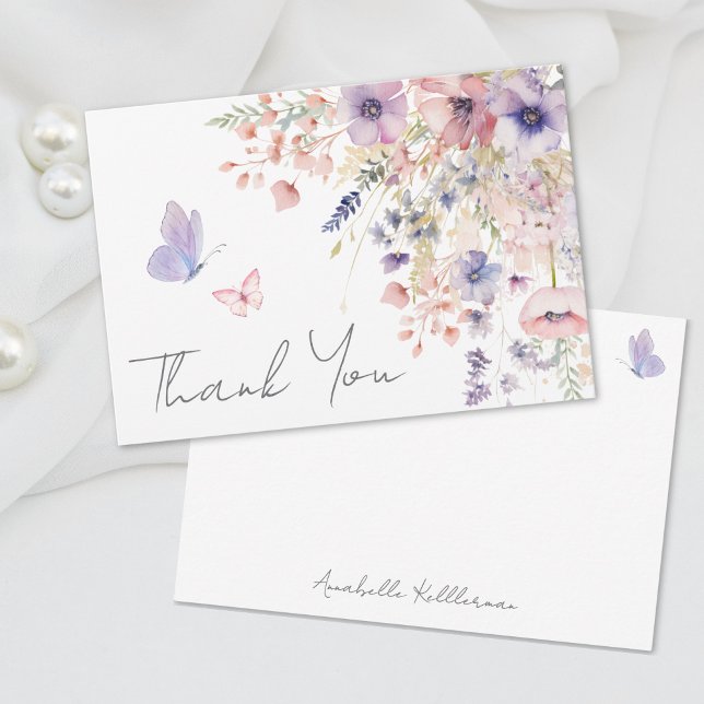 Carte De Remerciements Papillon Fleur sauvage rose violet pourpre (Butterfly Blush Pink Purple Wildflower Thank You Card)