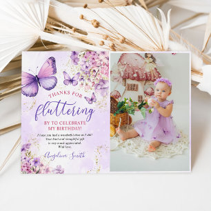 Carte De Remerciements Papillon floral mauve et or photo d'anniversaire