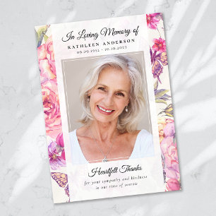 Carte De Remerciements Papillon Floral Photo Keepsaké funéraire Memorial