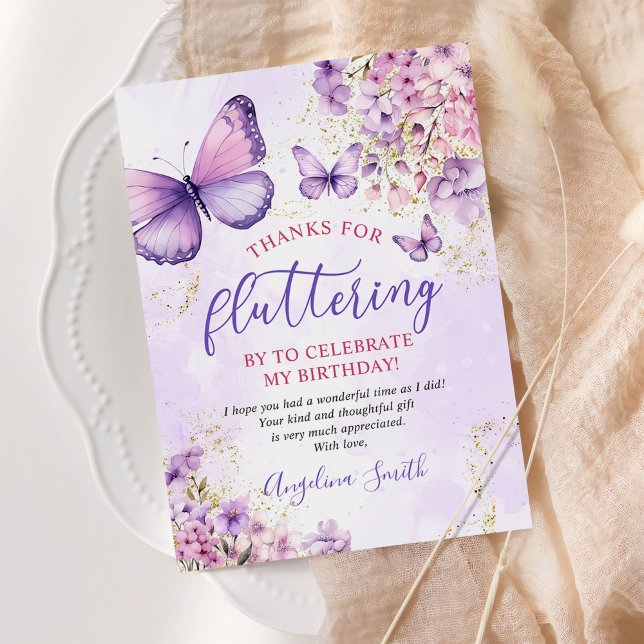 Carte De Remerciements Papillon floral pourpre et or Anniversaire (Créateur téléchargé)