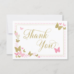 Carte de remerciements papillon, rose, Faux Gold