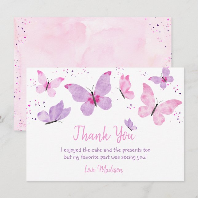 Carte De Remerciements Papillon rose violet Anniversaire (Devant / Derrière)