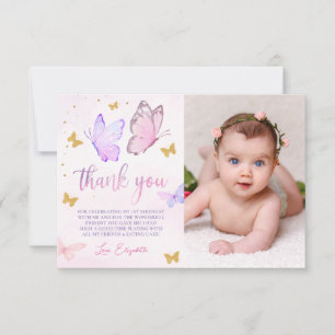 Carte De Remerciements Papillon Rose Violet Or Fille 1ère Anniversaire Ph