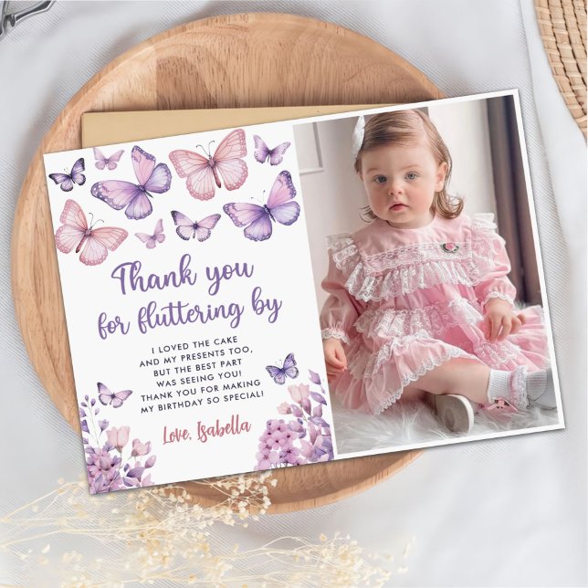 Carte De Remerciements Papillon rose violet photo d'anniversaire (Créateur téléchargé)