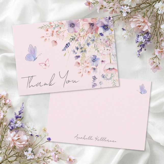 Carte De Remerciements Papillon Rouge Gâtée Fleur Sauvage (Butterfly Blush Pink Wildflower Thank You Card )