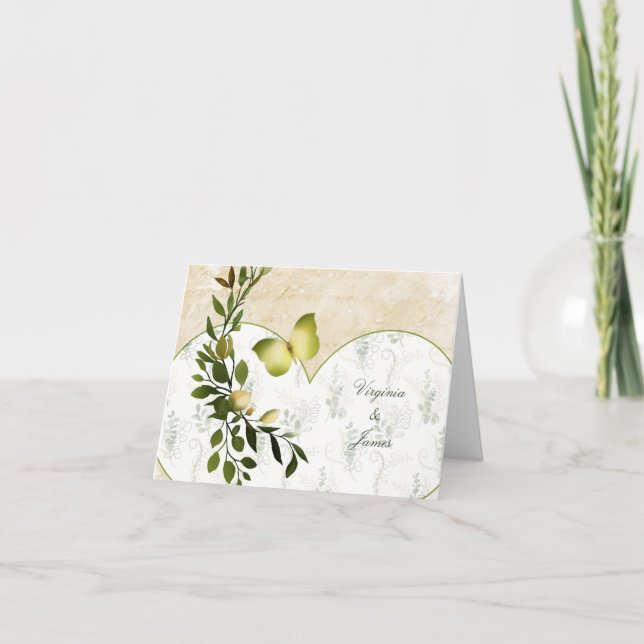 Carte De Remerciements Papillon vintage, coeur et feuillage (Devant)