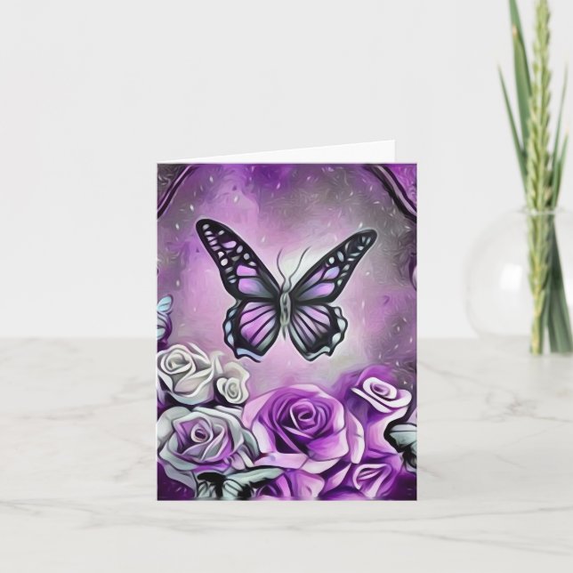 Carte De Remerciements Papillon Violet & Roses (Devant)
