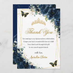 Carte De Remerciements Papillons bleu Floral de la Marine Quinceañera