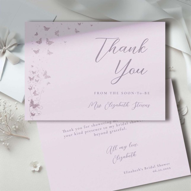 Carte De Remerciements Papillons de toute une vie Lilas Argent Semaine de (lilac glitter butterflies bridal shower thank you card)