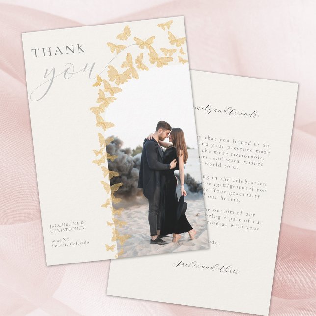 Carte De Remerciements Papillons d'or Boho Photo Arch Mariage Photo (gold butterflies boho arch wedding photo thank you card elegant modern romantic whimsical classy)