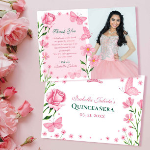 Carte De Remerciements Papillons florale rose pâle Photo Quinceañera