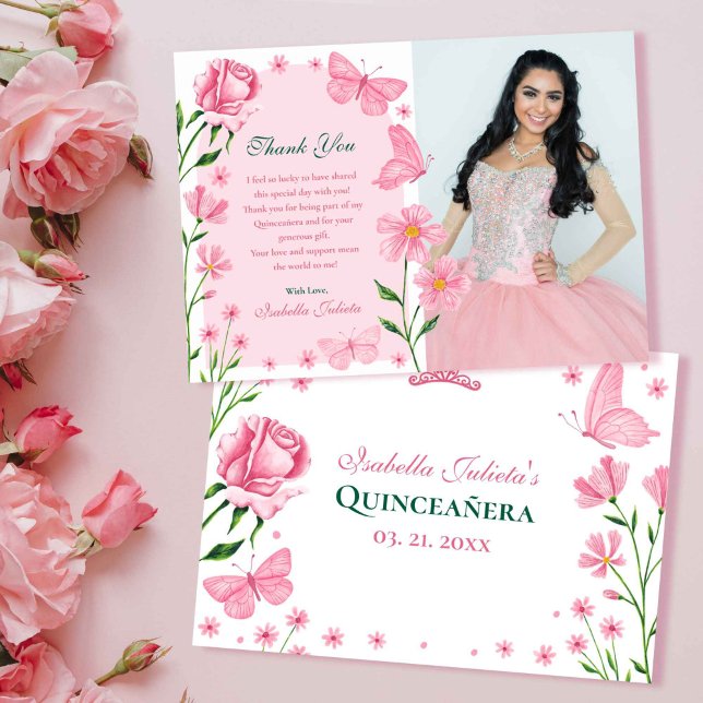 Carte De Remerciements Papillons florale rose pâle Photo Quinceañera (Blush Pink Floral Butterflies Photo Quinceañera Thank You Card)
