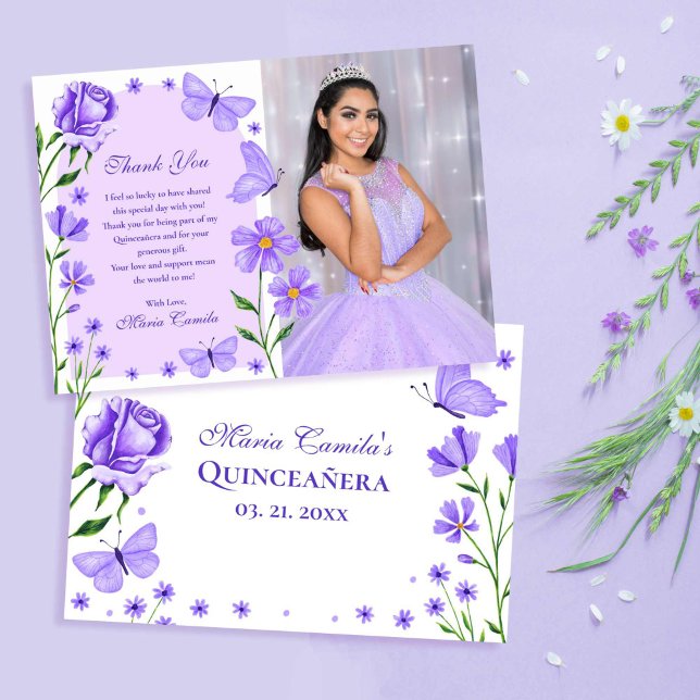 Carte De Remerciements Papillons floraux pourpres Lilac Photo Quinceañera (Lilac Purple Floral Butterflies Photo Quinceañera Thank You Card)