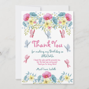 Carte De Remerciements Papillons rose Aquarelle Floral Anniversaire
