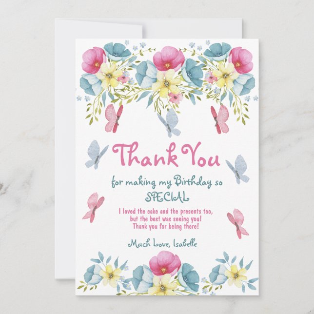 Carte De Remerciements Papillons rose Aquarelle Floral Anniversaire (Devant)