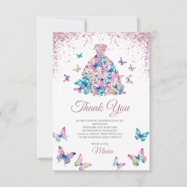 Carte De Remerciements Papillons rose Gold Sparkling Gown Quinceanera (Devant)