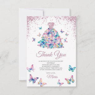 Carte De Remerciements Papillons rose Gold Sparkling Gown Quinceanera
