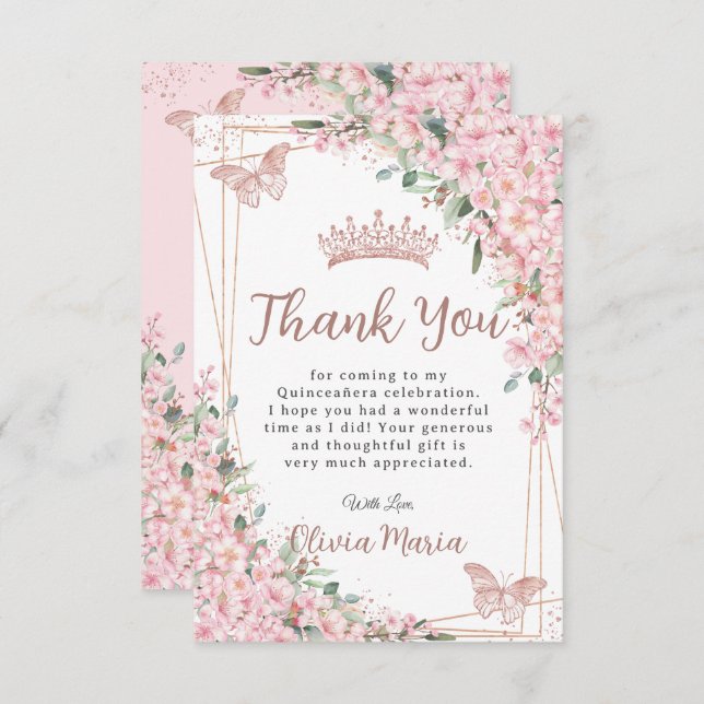Carte De Remerciements Papillons Roses en fleurs de cerisier Quinceañera (Devant / Derrière)