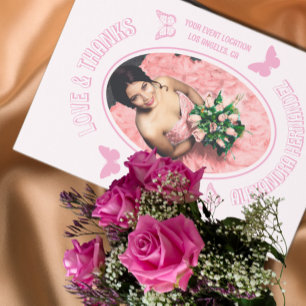 Carte De Remerciements Papillons roses Quinceanera