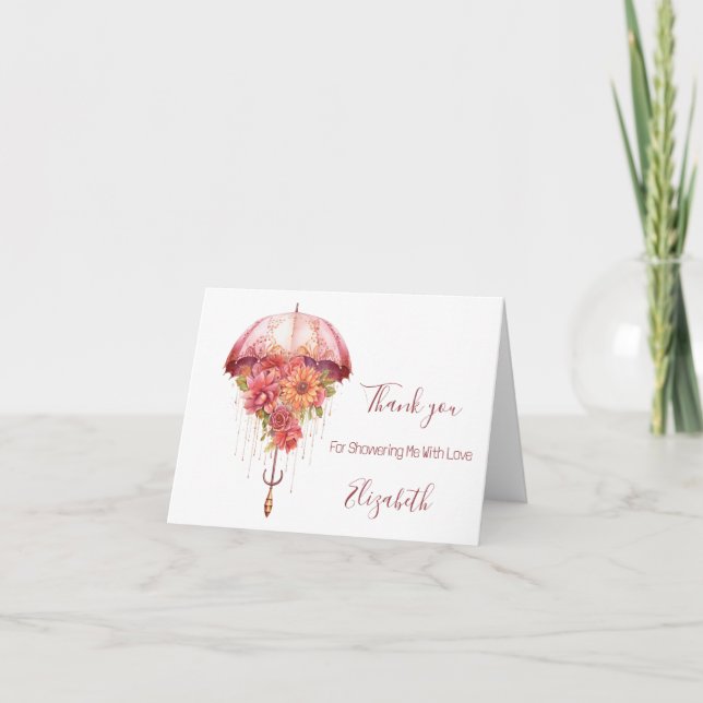 Carte De Remerciements Parapluie Floral Rose Fête de Mariage Baby Shower  (Devant)