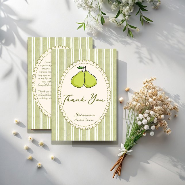 Carte De Remerciements Parfait ensemble de rayures vert sauge poire douch (Perfect pair sage green stripes vintage retro pear bridal shower thank you cards)