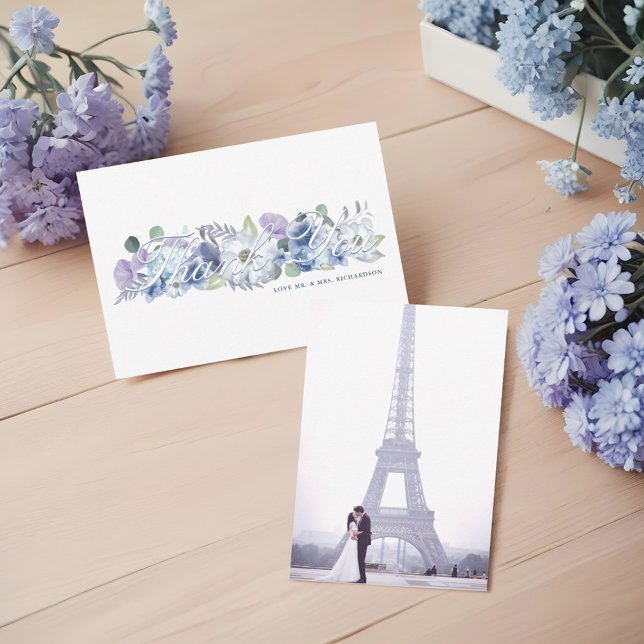 Carte De Remerciements Paris Tour Eiffel Bleu Aquarelle Floraux Mariage (Paris Eiffel Tower Blue Watercolor Florals Wedding Thank You Card)