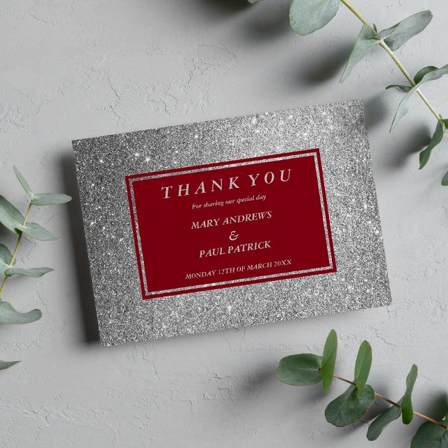 Carte De Remerciements parties scintillant Abstraite en faux argent (Abstract burgundy faux silver glitter thank you card )