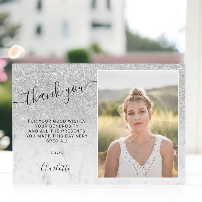 Carte De Remerciements Parties scintillant argent marbre ombre 3 photos S (Silver glitter marble ombre 3 photos Sweet 16 Thank You Card)