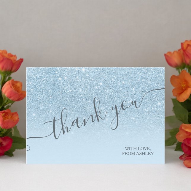 Carte De Remerciements Parties scintillant bleu pastel scintille ombre me (Pastel blue glitter sparkles ombre thank you)