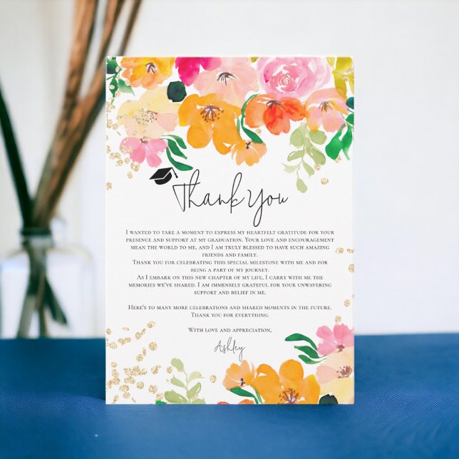 Carte De Remerciements Parties scintillant d'or floral photo graduation b (Gold glitter floral photo botanical graduation thank you card)