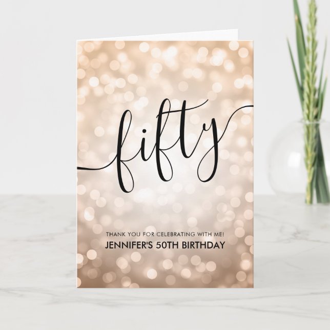 Carte De Remerciements Parties scintillant d'or rose Lumières 50e anniver (Devant)