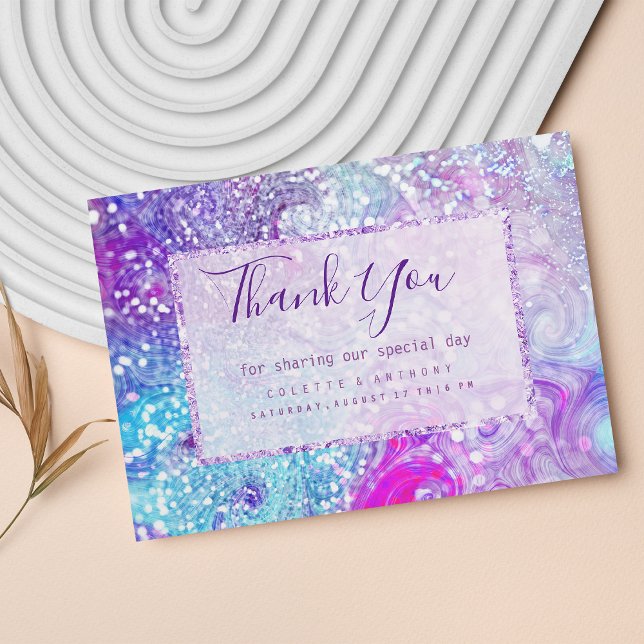 Carte De Remerciements Parties scintillant en marbre violet turquoise Lil (Lilac teal purple marble glitter Flat Thank You)