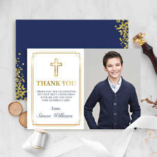 Carte De Remerciements Parties scintillant Gold Frame Marine Blue Communi