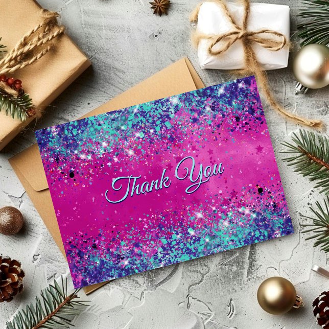Carte De Remerciements Parties scintillant irisée rose aqua chic (Créateur téléchargé)