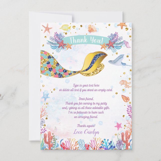 Carte De Remerciements Parties scintillant or | Sirène sous la mer Annive (Devant)