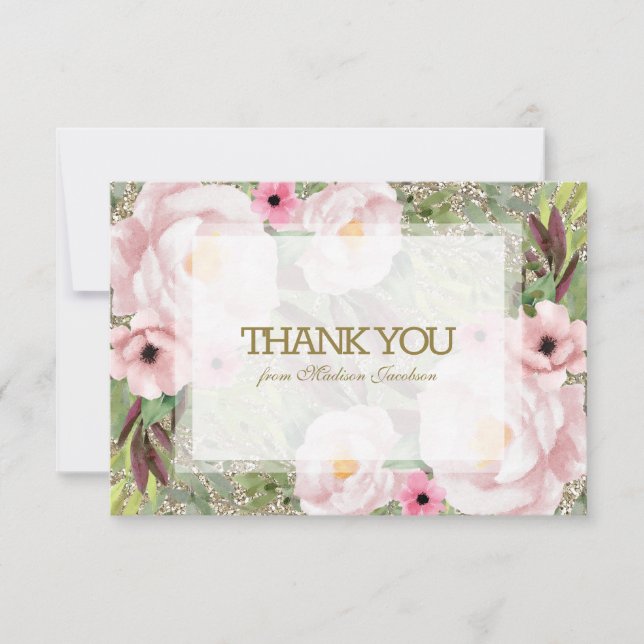 Carte De Remerciements Parties scintillant tendance Gold Floral Sweet 16  (Devant)