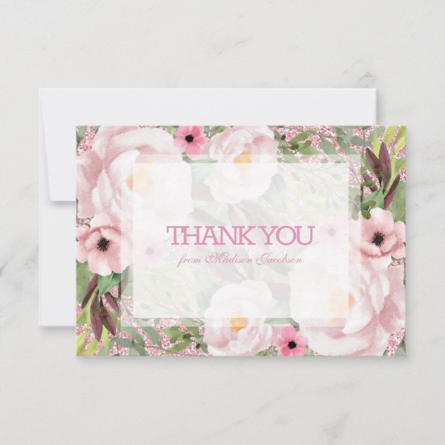 Carte De Remerciements Parties scintillant tendance rose Floral Sweet 16  (Devant)