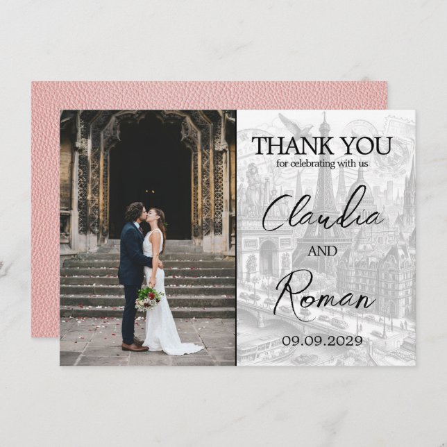 Carte De Remerciements Passeport Paris rose (Devant / Derrière)