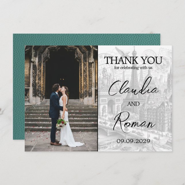 Carte De Remerciements Passeport Paris Turquoise (Devant / Derrière)