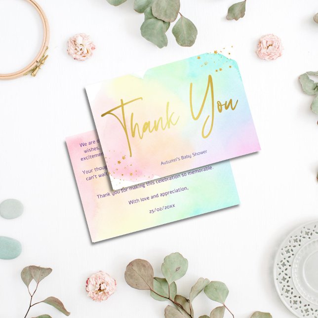 Carte De Remerciements Pastel arc-en-ciel ombre or parties scintillant ba (Pastel rainbow ombre gold glitter baby shower thank you card)