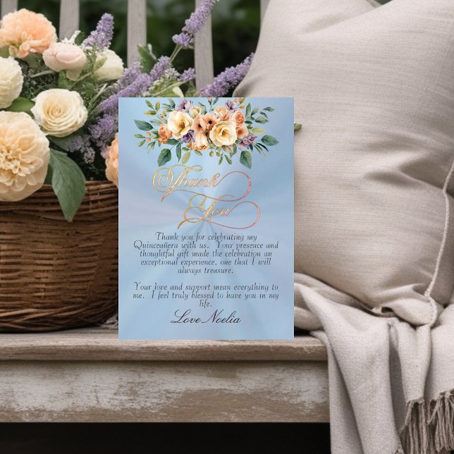 Carte De Remerciements Pastel Blue - Floral & Silver Tiara Quinceanera (Créateur téléchargé)